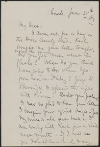 Celia Thaxter autograph letter signed to [Annie Fields], Shoals, [N.H.], 25 June [18]84