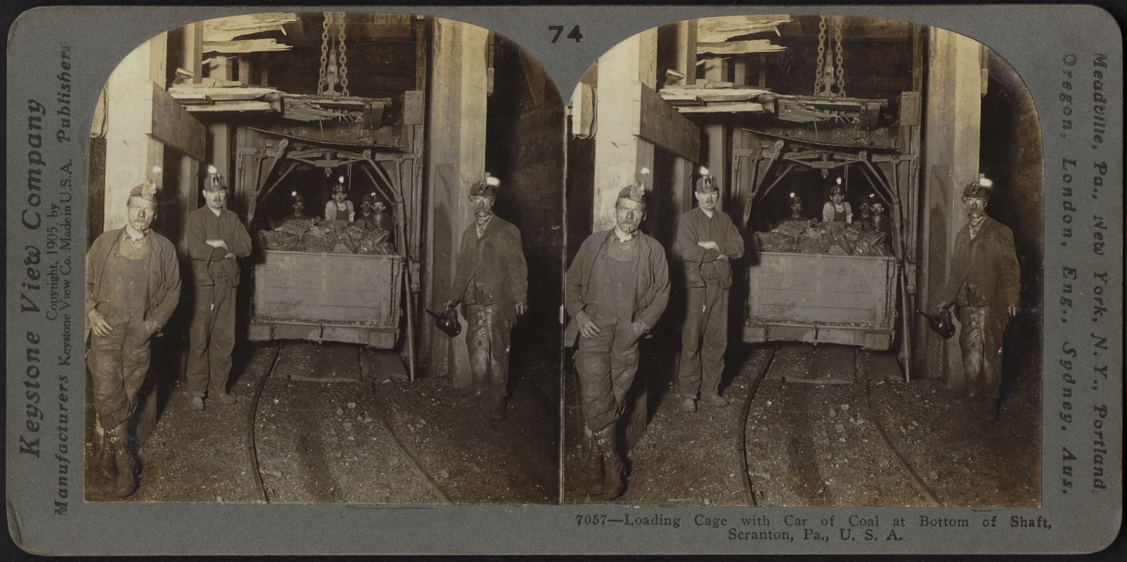 Loading cage with car of coal at bottom of shaft, Scranton, Pa.