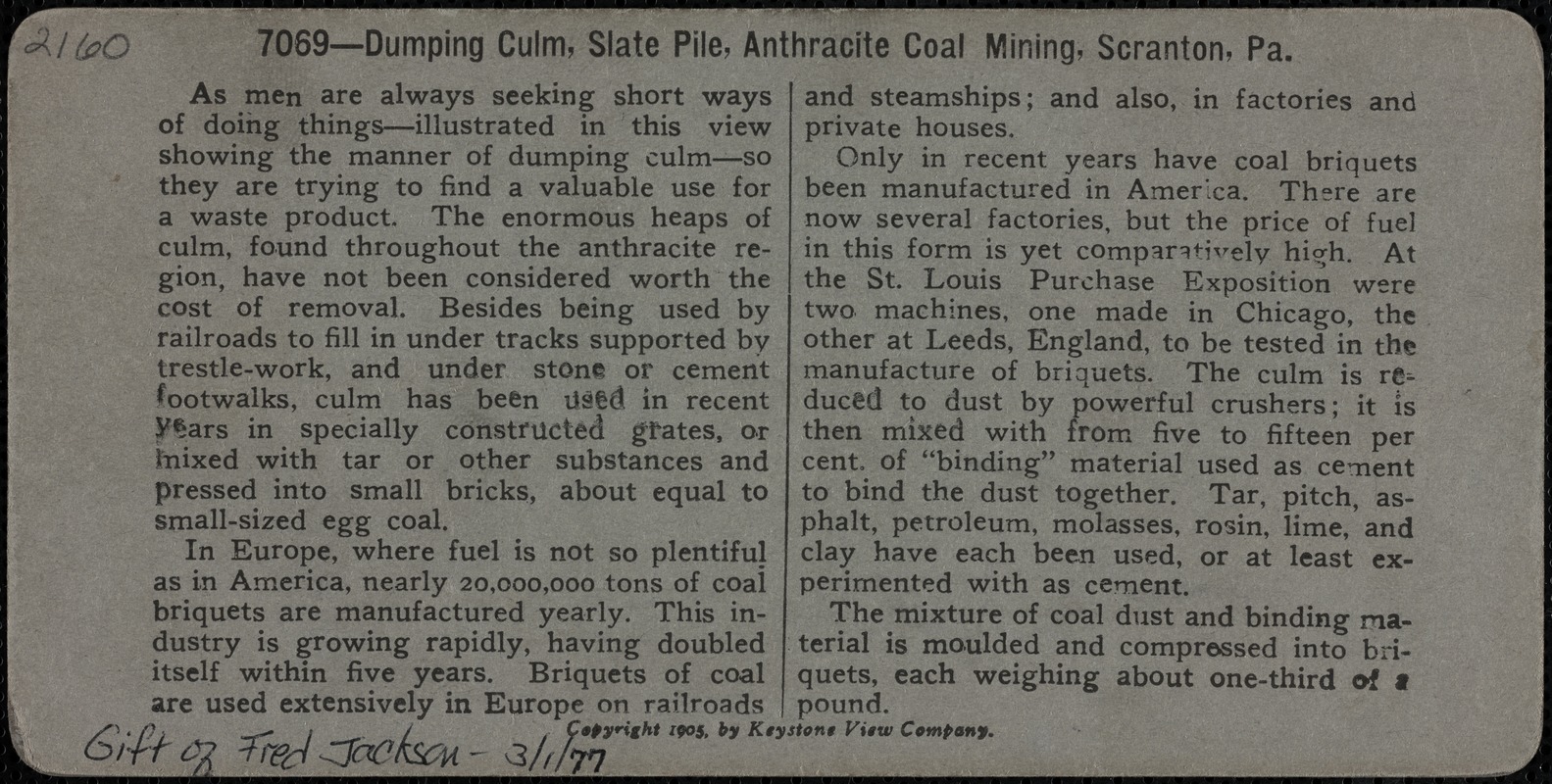 Dumping culm, slate pile, anthracite coal mining, Scranton, Pa.