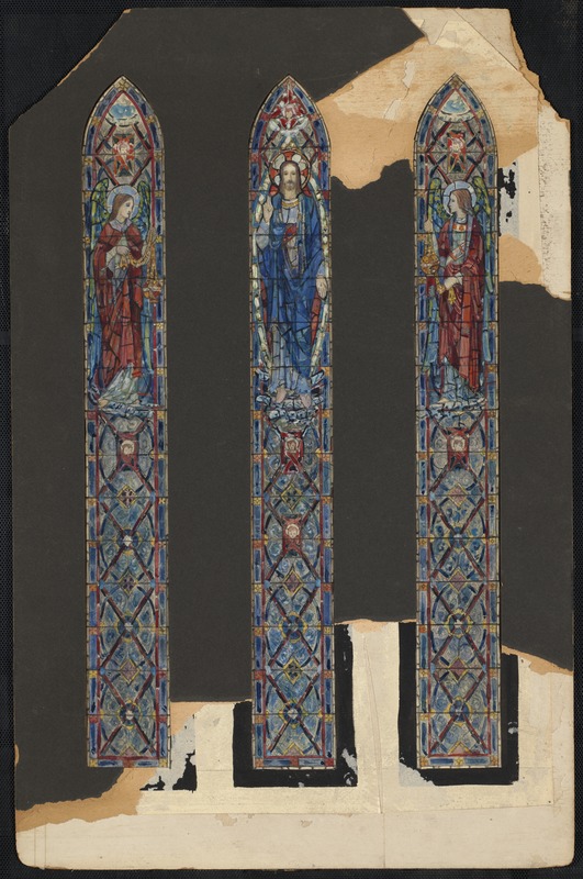 Three windows, Christ in center window. Left and right window each depict a woman, both looking toward the center window