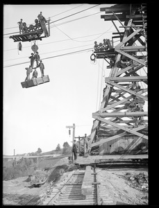 Wachusett Dam, cableway, with viaduct construction in background, left, Clinton, Mass., 1903