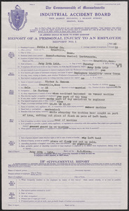 1918 Industrial Accident Board injury report, Victor E. Hanson