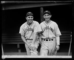 Cleveland Indians Julius "Moose" Solters and Odell Hale pose together on the dugout steps at Fenway Park