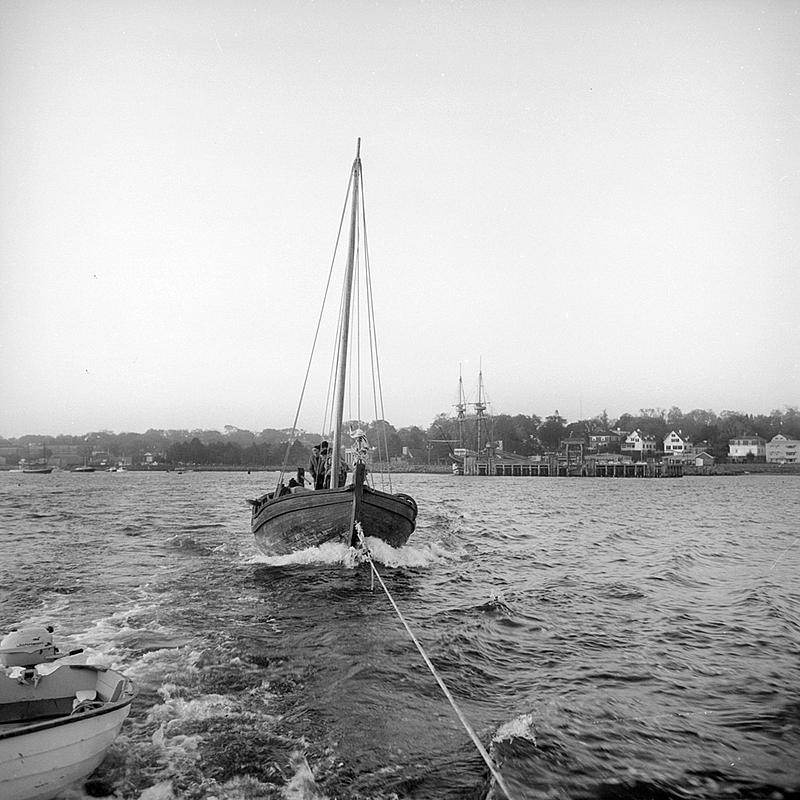 Crew filming the vessel Shallop II in Cape Cod Bay and around the harbor in Plymouth, MA