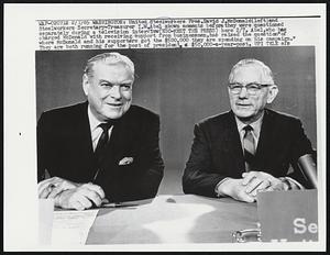 United Steelworkers Pres. David J. McDonald (left) and Steelworkers Secretary-Treasurer I.W. Abel shown moments before they were questioned separately during a television interview (NBC-Meet the Press) here 2/7. Abel, who has charged McDonald with receiving support from businessmen, has raised the question "of where McDonald and his supporters got the $500,000 they are spending on his campaign." They are both running for the post of president, a $50,000-a-year-post.