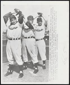 Tribe's 'Big Three' Ready to Go--With the arrival yesterday of pitcher Early Wynn and Bob Lemon today, the Cleveland Indian's "big three" pitchers are all signed and getting themselves in shape at heir training camp here. Left to right: Early Wynn with 17 wins in 1953; Mike Garcia with 18 wins in 1953; and Bob Lemon with 21 wins.