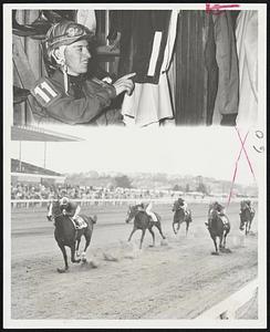 First Winner- Apprentice Jim Ruybali, 22, point to figure one denoting his first riding victory (below) in third race at Suffolk Downs, The New Mexico jockey was aboard Best Offer.