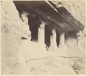 General view from the left of porch and entrance to Buddhist Vihara, Cave XI, Ajanta