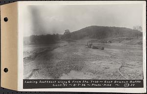 Contract No. 51, East Branch Baffle, Site of Quabbin Reservoir, Greenwich, Hardwick, looking southeast along center line from Sta. 7+60, east branch baffle, Hardwick, Mass., Aug. 7, 1936
