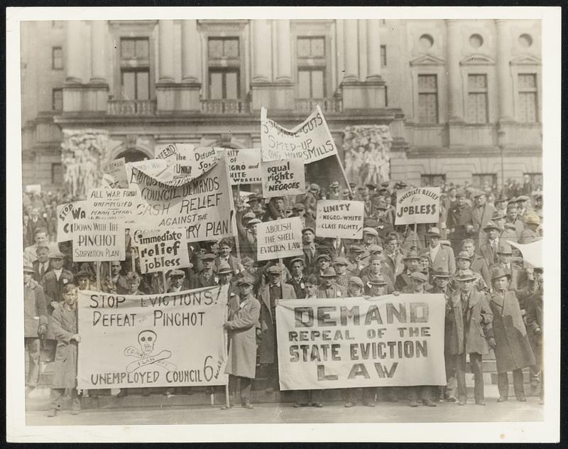 Jobless March On Pennsylvania's Capital. Members of the "Unemployed Army" which came from all points of Pennsylvania to present demands for $100,000,000 unemployment relief to the Pennsylvania State Legislature and governor Gifford Pinchot, photographed in front of the State Capitol on March 1.