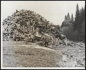 Pulp Drive underway at Dallas, Me. A bulldozer with the aid of "river drivers" pushes pulp wood from an 1800-cord pile into Dead River. The drive will take two weeks to reach Flagstaff Lake which is the beginning summer long water journey to Augusta mills and end of 120-mile journey.