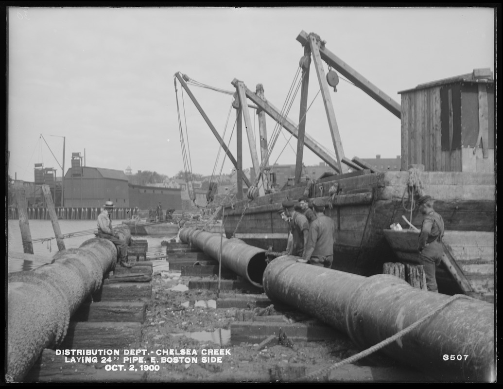 Distribution Department, Low Service Pipe Lines, laying submerged 24-inch pipe, East Boston side, Chelsea Creek; Chelsea; East Boston, Mass., Oct. 2, 1900