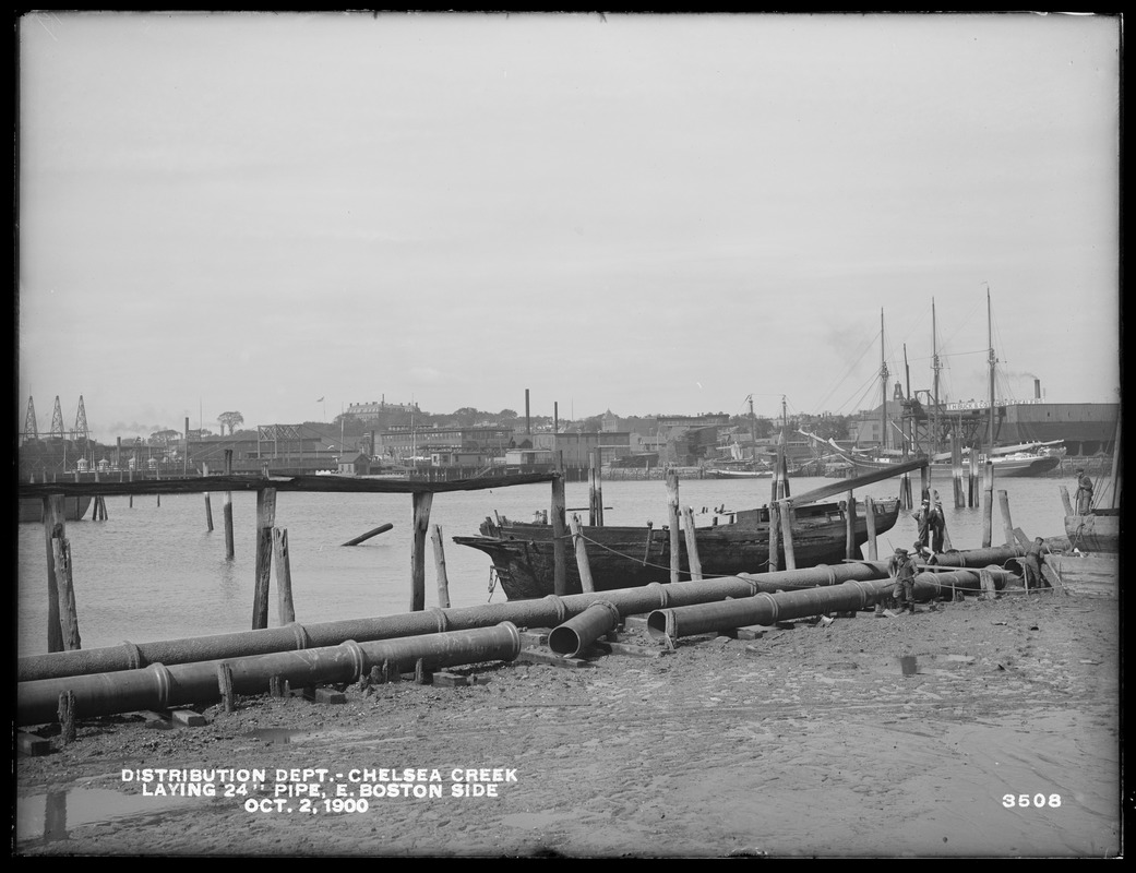 Distribution Department, Low Service Pipe Lines, laying submerged 24-inch pipe, East Boston side, Chelsea Creek; Chelsea; East Boston, Mass., Oct. 2, 1900