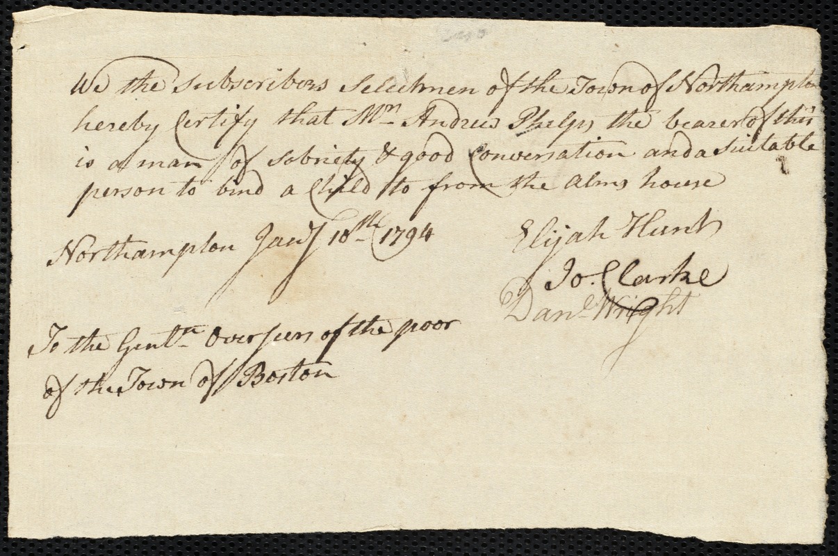 John Ayers indentured to apprentice with Andrew Phelps of Northampton, 18 January 1794