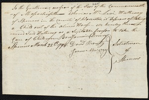 George Washington indentured to apprentice with Levi Hathway of Spencer, 4 April 1794