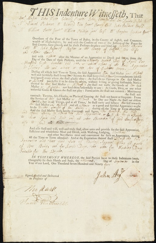 Susanna Farmer indentured to apprentice with John Austin of Boston, 30 September 1794