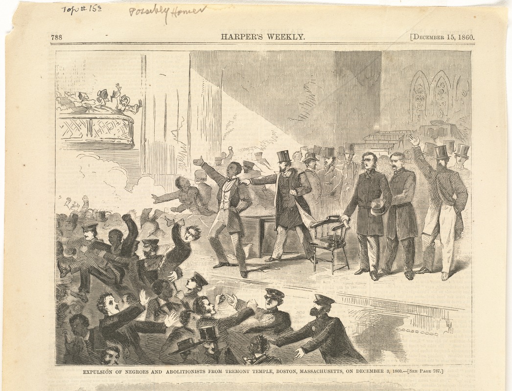 Expulsion of negroes and abolitionists from Tremont Temple, Boston, Massachusetts, on December 3, 1860