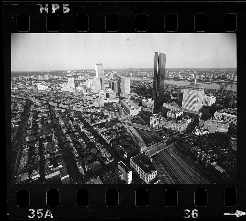 Aerial views of North End and downtown waterfront, downtown Boston