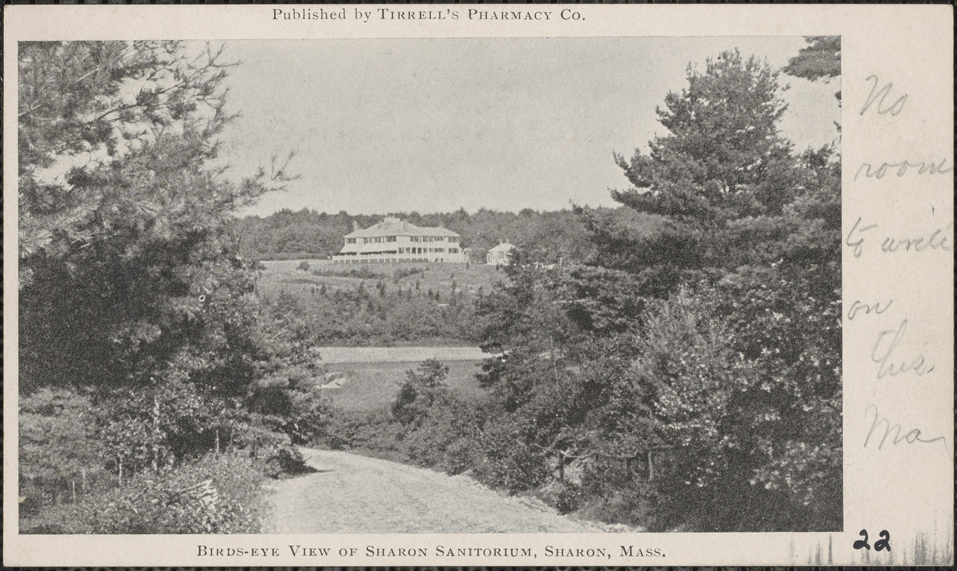 Birds-eye view of Sharon Sanitorium [sic], Sharon, Mass.