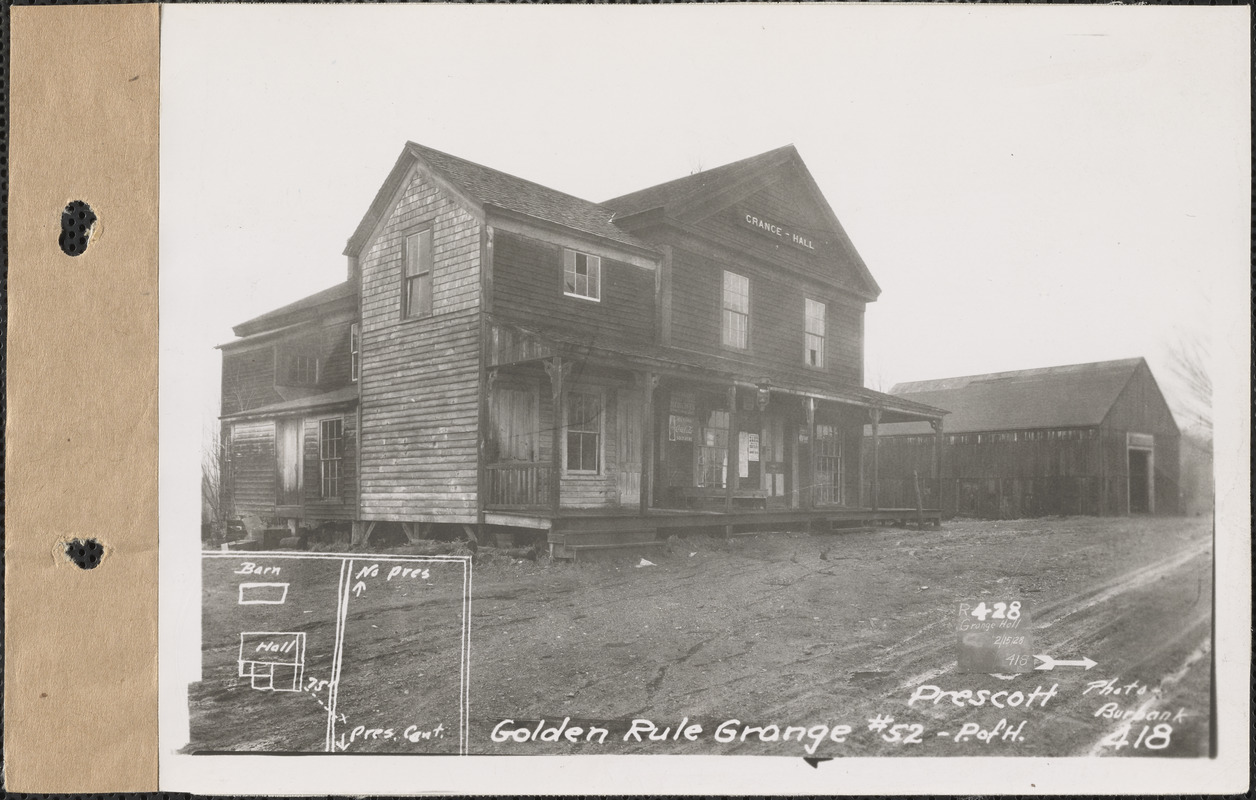 Golden Rule Grange #52, Patrons of Husbandry, barn and hall ("Grange Hall"), Prescott, Mass., Feb. 15, 1928