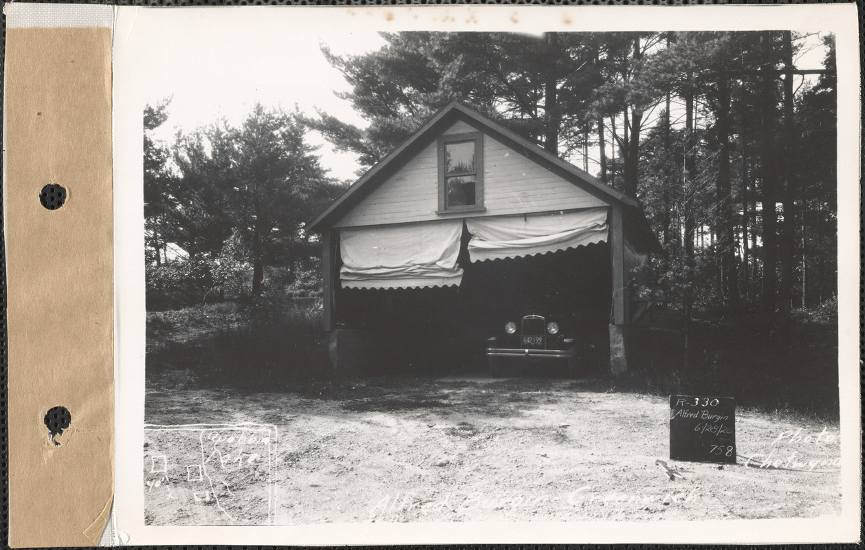 Alfred Burgin, garage, Quabbin Lake, Greenwich, Mass., June 28, 1928