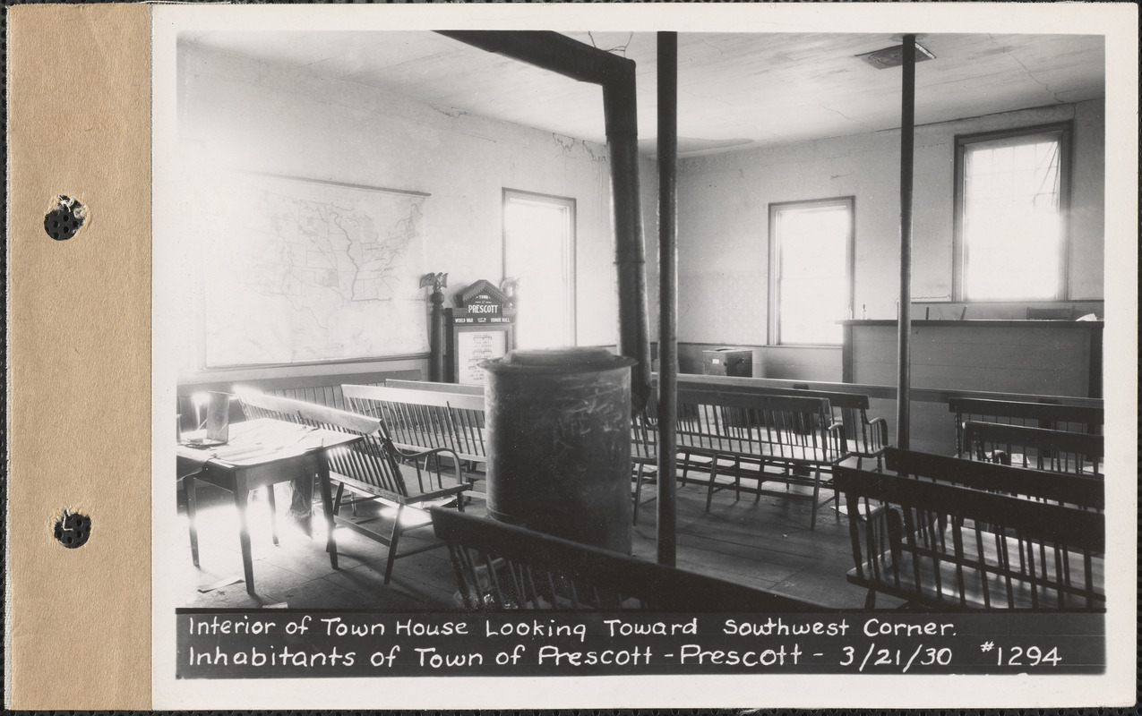 Inhabitants of the Town of Prescott, interior of Town House looking toward southwest corner, Prescott, Mass., Mar. 21, 1930