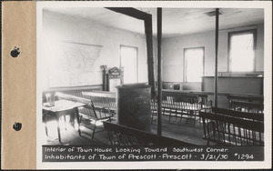 Inhabitants of the Town of Prescott, interior of Town House looking toward southwest corner, Prescott, Mass., Mar. 21, 1930