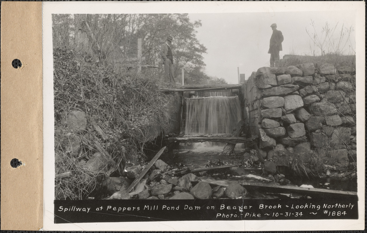 Spillway at Pepper's Mill Pond dam, looking northerly, Beaver Brook
