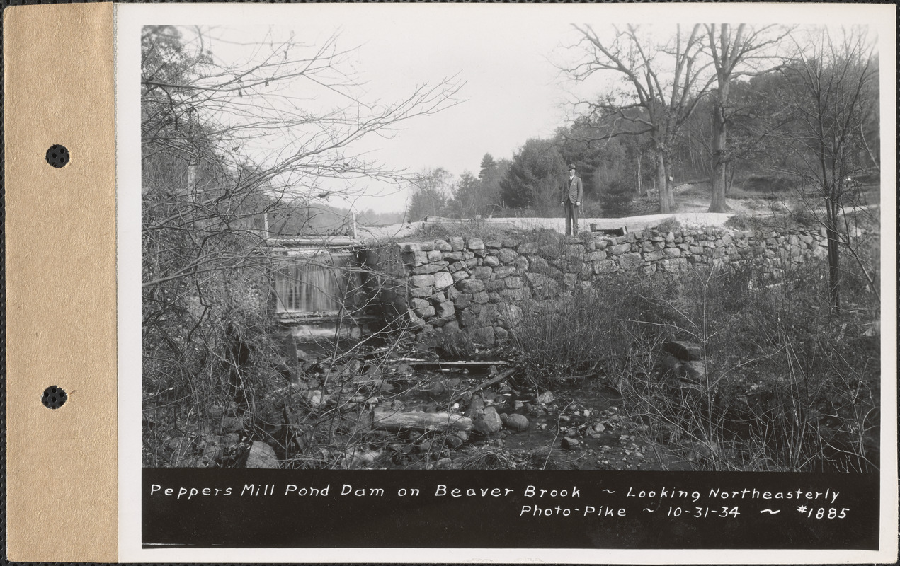 Pepper's Mill Pond dam, looking northeast, Beaver Brook, Ware, Mass