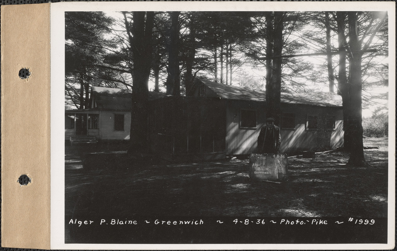 Alger P. Blaine, camp, Greenwich Lake, Greenwich, Mass., Apr. 8, 1936
