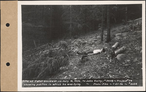 Site of fatal accident, on July 16, 1936, to John Kelly, showing position in which he was lying, #3408, Project #74, Quabbin Reservoir site, Mass., July 21, 1936