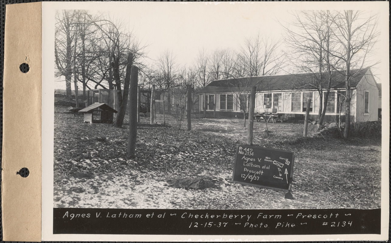 Agnes V. Latham, Checkerberry Farm, henhouses, Prescott, Mass., Dec. 15, 1937