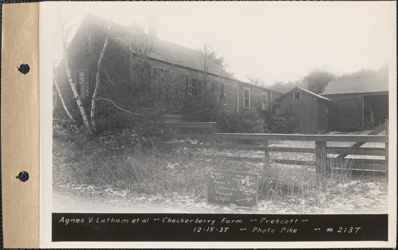 Agnes V. Latham, Checkerberry Farm, house and barn, Prescott, Mass., Dec. 15, 1937