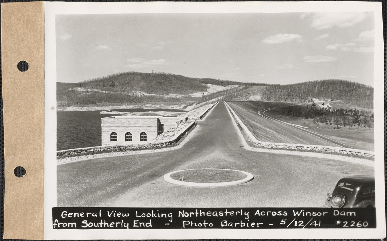 General view looking northeasterly across Winsor Dam from southerly end, Quabbin Reservoir, Mass., May 12, 1941