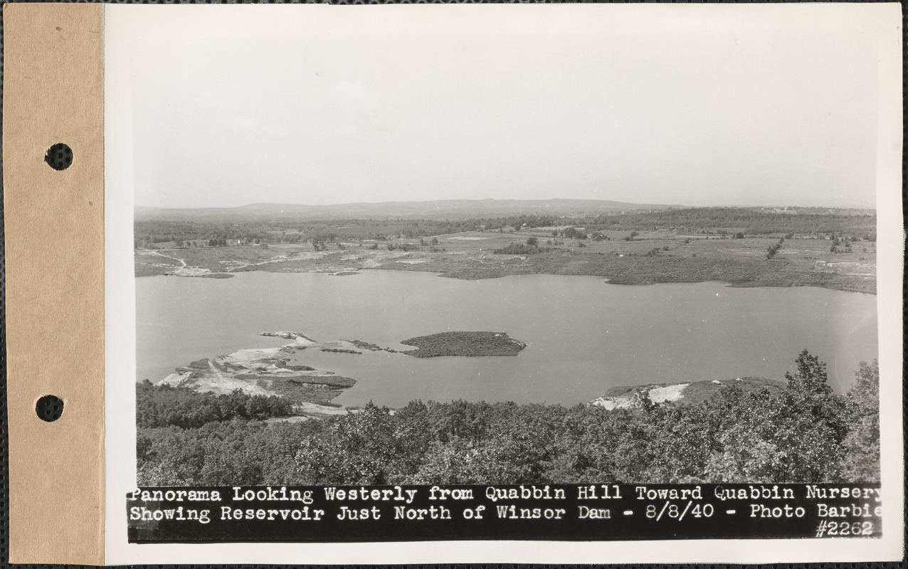 Panorama looking westerly from Quabbin Hill toward Quabbin Nursery, showing reservoir just north of Winsor Dam, Quabbin Reservoir, Mass., Aug. 8, 1940