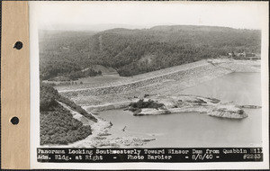 Panorama looking southwesterly toward Winsor Dam from Quabbin Hill, administration building at right, Quabbin Reservoir, Mass., Aug. 8, 1940