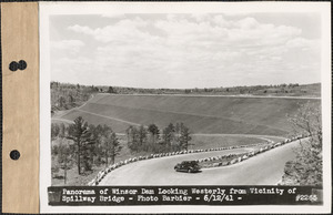Panorama of Winsor Dam looking westerly from vicinity of spillway bridge, Quabbin Reservoir, Mass., June 12, 1941