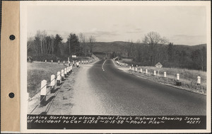 Looking northerly along Daniel Shays Highway, showing scene of accident to car S1316, Pelham, Mass., Nov. 15, 1938