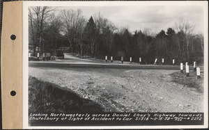 Site of accident to car S1316 along Daniel Shays Highway, looking northwesterly towards Shutesbury, Pelham, Mass., Nov. 15, 1938