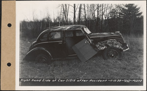 Right side of car S1316 after accident on Daniel Shays Highway, Pelham, Mass., Nov. 15, 1938