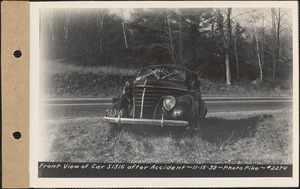 Front view of car S1316 after accident on Daniel Shays Highway, Pelham, Mass., Nov. 15, 1938