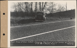 Rear view of car S1316 after accident on Daniel Shays Highway, Pelham, Mass., Nov. 15, 1938