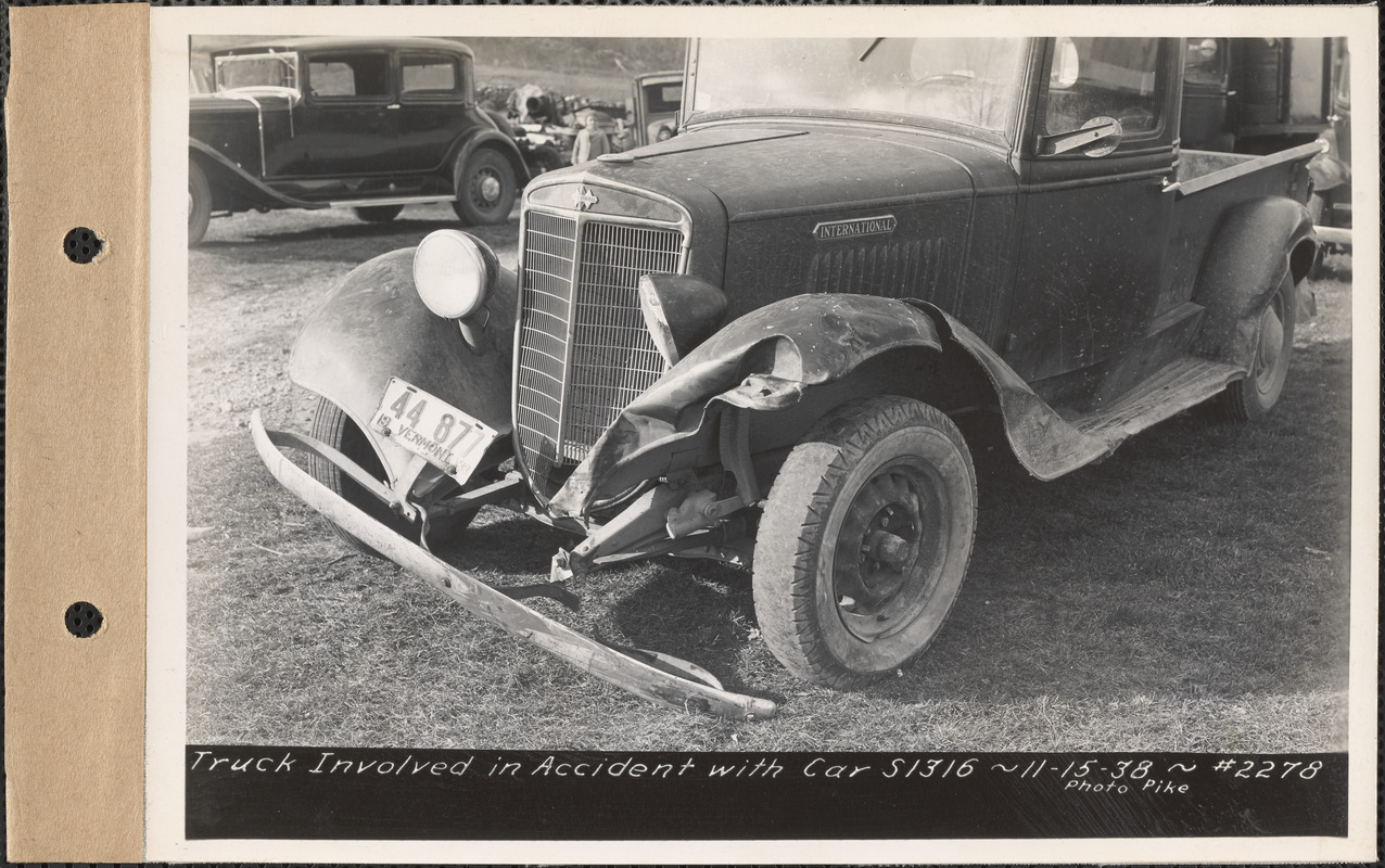 Truck involved in accident with car S1316, Quabbin Reservoir area, Mass., Nov. 15, 1938