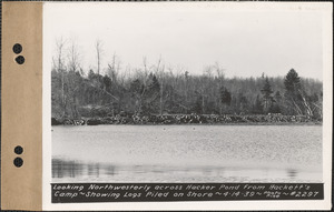 Looking northwesterly across Hacker Pond from Hackett's Camp, showing logs piled on shore, New Salem, Mass., Apr. 14, 1939