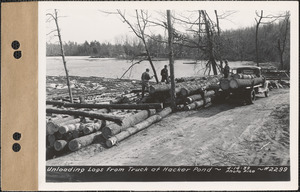 Unloading logs from truck at Hacker Pond, New Salem, Mass., Apr. 14, 1939