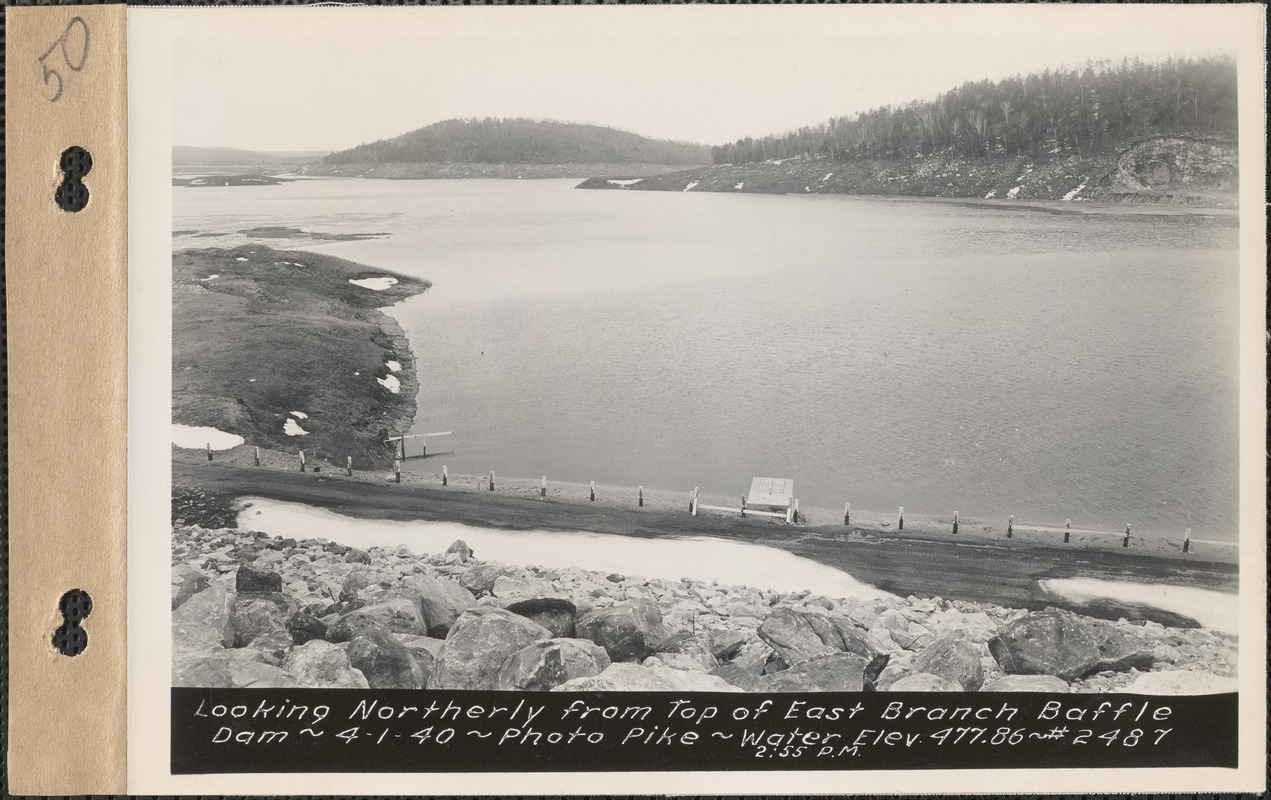 Looking northerly from top of East Branch baffle dam, water elevation 477.86, Quabbin Reservoir, Mass., 2:55 PM, Apr. 1, 1940