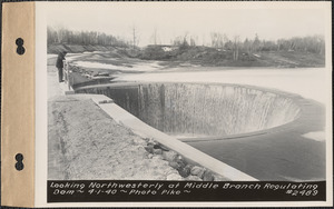 Looking northwesterly at Middle Branch regulating dam, Quabbin Reservoir, Mass., Apr. 1, 1940