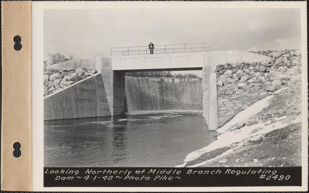 Looking northerly at Middle Branch regulating dam, Quabbin Reservoir, Mass., Apr. 1, 1940