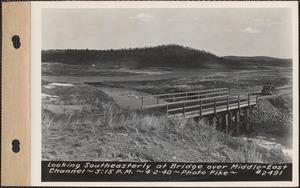 Looking southeasterly at bridge over channel between Middle Branch and East Branch of Swift River, Quabbin Reservoir, Mass., 3:15 PM, Apr. 2, 1940