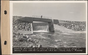 Looking northerly at East Branch regulating dam, water elevation 530.98, Quabbin Reservoir, Mass., 2:20 PM, Apr. 5, 1940